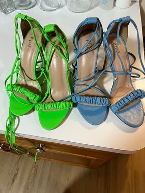 MIXX Ruched Lace-Up Heels in Neon Green and Slate Blue